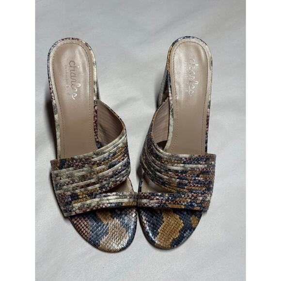 Charles David Snakeskin Block Heel Mules Size 9M Multicolor Textured Sandals - Picture 2 of 7